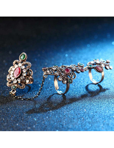 Inel vintage dublu, legat cu lantisor fatetat, model turcesc spiralat cu cristale si hematite