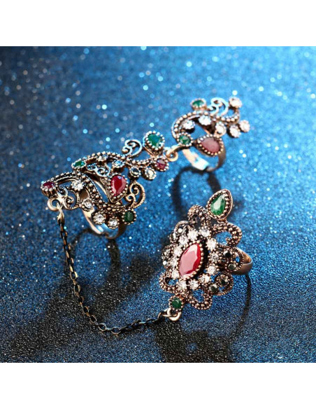 Inel vintage dublu, legat cu lantisor fatetat, model turcesc spiralat cu cristale si hematite