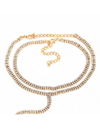 Set 2 coliere choker inguste, sir dublu de cristale, cu fir lung