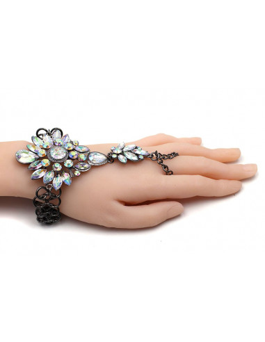 Bratara luxury cu inel, floare din cristale albe cu reflexii multicolore