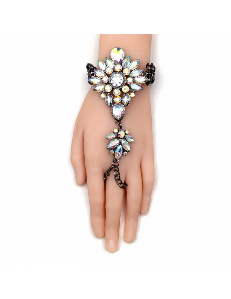 Bratara luxury cu inel, floare din cristale albe cu reflexii multicolore