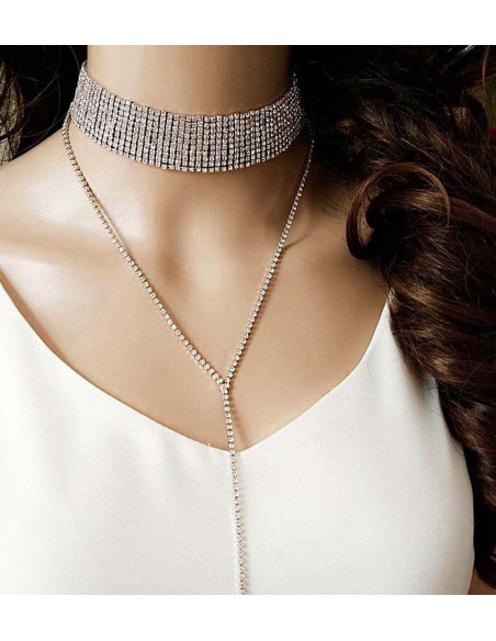 Choker lat luxury, din siruri de cristale, cu fir lung pe decolteu