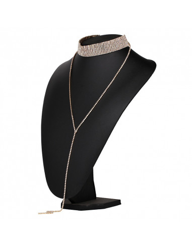 Choker lat luxury, din siruri de cristale, cu fir lung pe decolteu