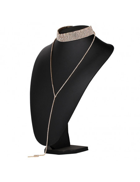 Choker lat luxury, din siruri de cristale, cu fir lung pe decolteu