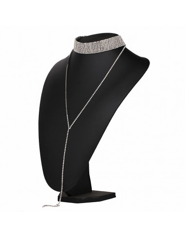 Choker lat luxury, din siruri de cristale, cu fir lung pe decolteu