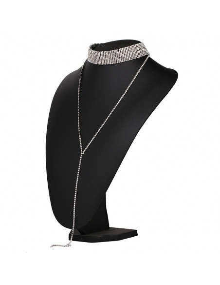 Choker lat luxury, din siruri de cristale, cu fir lung pe decolteu