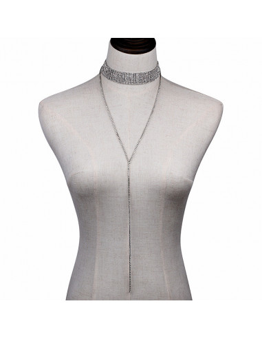 Choker lat luxury, din siruri de cristale, cu fir lung pe decolteu