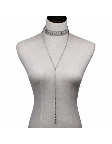 Choker lat luxury, din siruri de cristale, cu fir lung pe decolteu