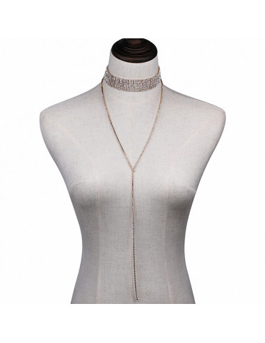 Choker lat luxury, din siruri de cristale, cu fir lung pe decolteu
