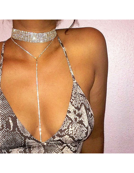 Choker lat luxury, din siruri de cristale, cu fir lung pe decolteu