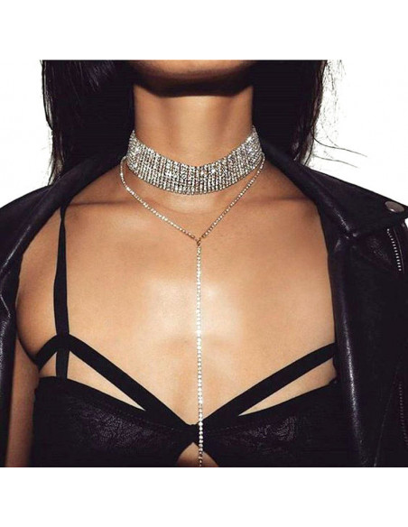 Choker lat luxury, din siruri de cristale, cu fir lung pe decolteu