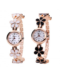 Ceas de dama elegant, curea metalica cu flori delicate si cristale