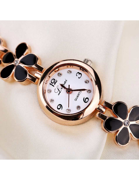 Ceas de dama elegant, curea metalica cu flori delicate si cristale
