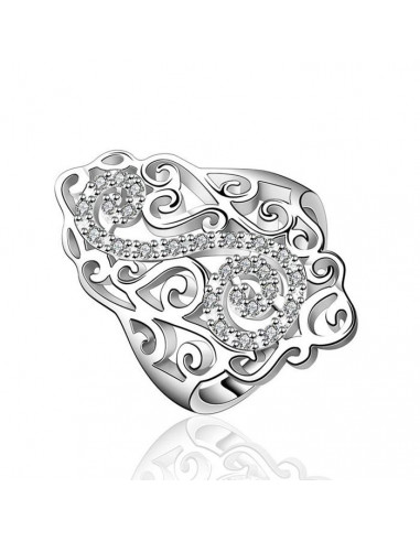 Inel placat cu argint, model cu spirale ondulate si S decorat cu cristale