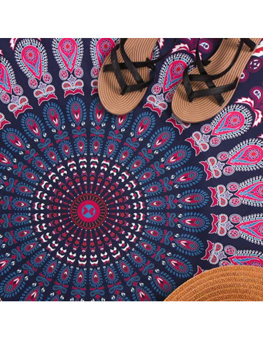 Cearceaf de plaja rotund, cu imprimeu mandala albastru