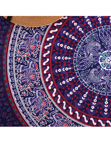Cearceaf de plaja rotund cu imprimeu etnic indian cu elefanti si pauni