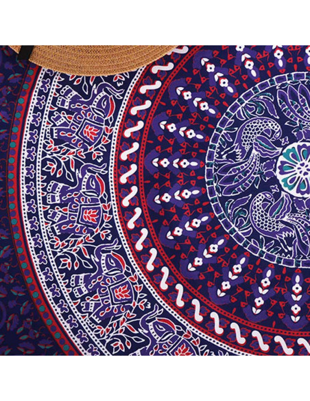 Cearceaf de plaja rotund cu imprimeu etnic indian cu elefanti si pauni