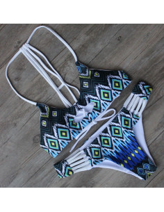 Costum de baie cu doua fete, imprimeu tribal geometric verde inchis 2