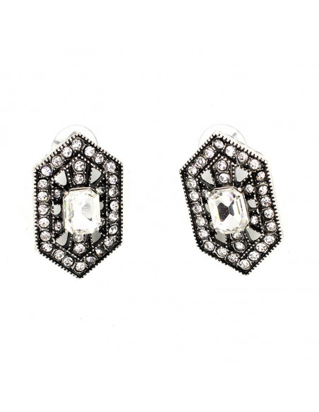 Cercei luxury hexagonali, Silver Sophie cu cristale albe stralucitoare