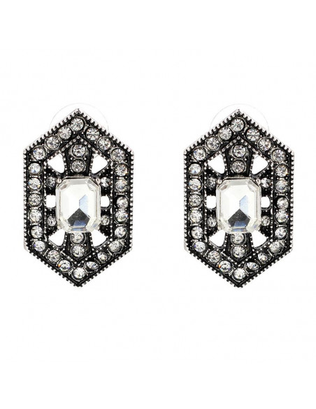 Cercei luxury hexagonali, Silver Sophie cu cristale albe stralucitoare