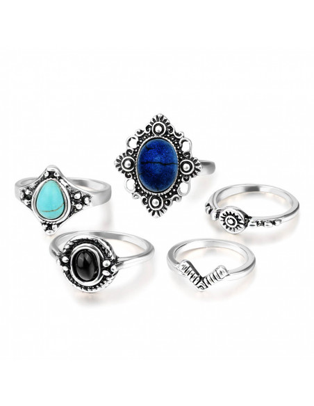 Set 5 inele etnice, modele variate cu pietre negre, bleu si bleumarin