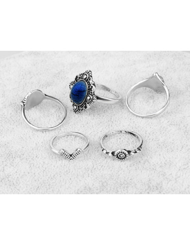 Set 5 inele etnice, modele variate cu pietre negre, bleu si bleumarin