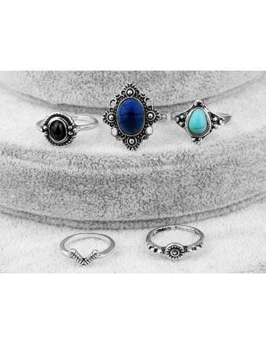 Set 5 inele etnice, modele variate cu pietre negre, bleu si bleumarin
