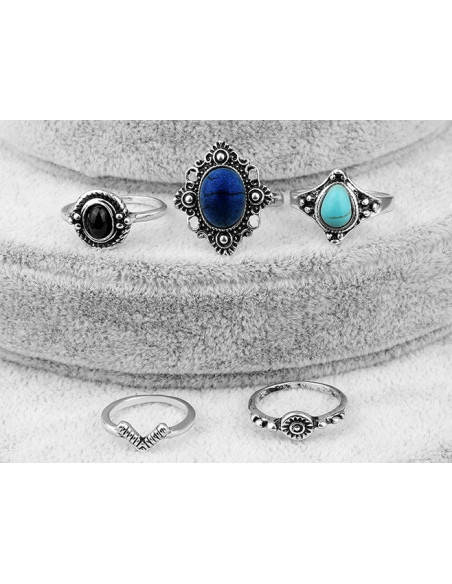 Set 5 inele etnice, modele variate cu pietre negre, bleu si bleumarin