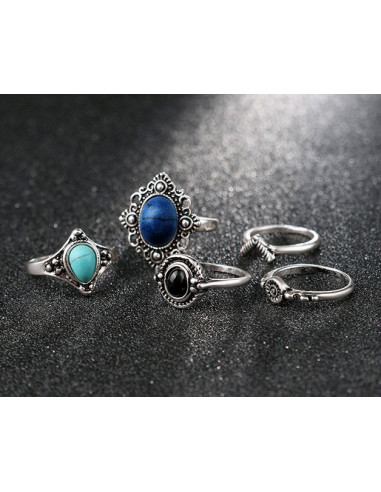 Set 5 inele etnice, modele variate cu pietre negre, bleu si bleumarin