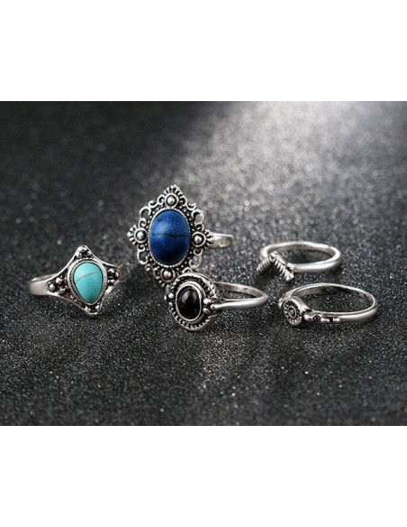 Set 5 inele etnice, modele variate cu pietre negre, bleu si bleumarin