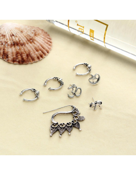 Set cercei si ear cuff, cu elefant, OM si semiluna, model boho patinat