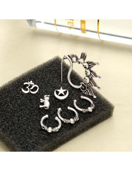 Set cercei si ear cuff, cu elefant, OM si semiluna, model boho patinat