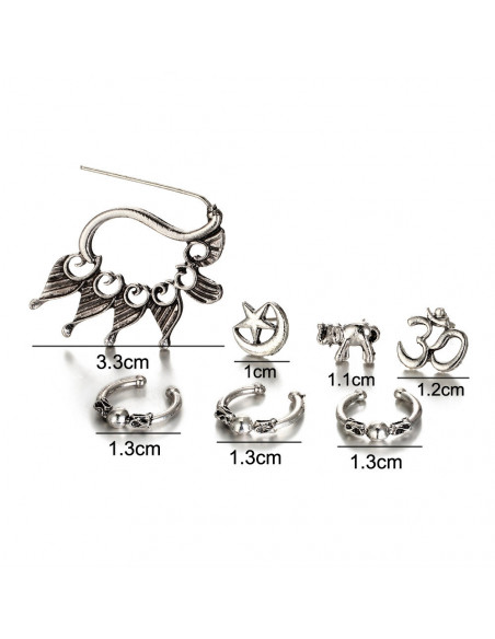 Set cercei si ear cuff, cu elefant, OM si semiluna, model boho patinat