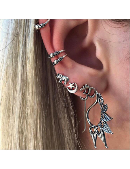 Set cercei si ear cuff, cu elefant, OM si semiluna, model boho patinat