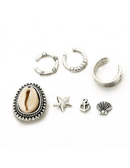 Set cercei ear cuff si inele, cu scoici, stea de mare, model nautic patinat