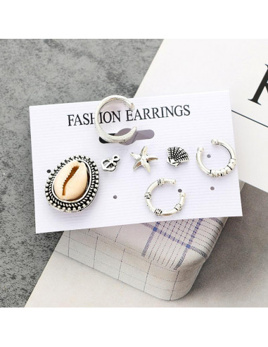 Set cercei ear cuff si inele, cu scoici, stea de mare, model nautic patinat