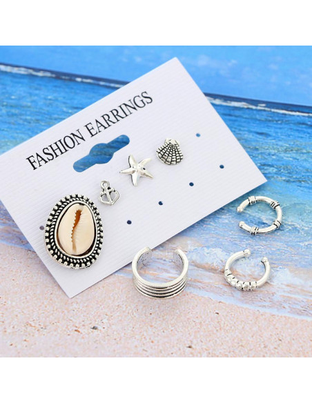 Set cercei ear cuff si inele, cu scoici, stea de mare, model nautic patinat