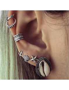 Set cercei ear cuff si inele, cu scoici, stea de mare, model nautic patinat