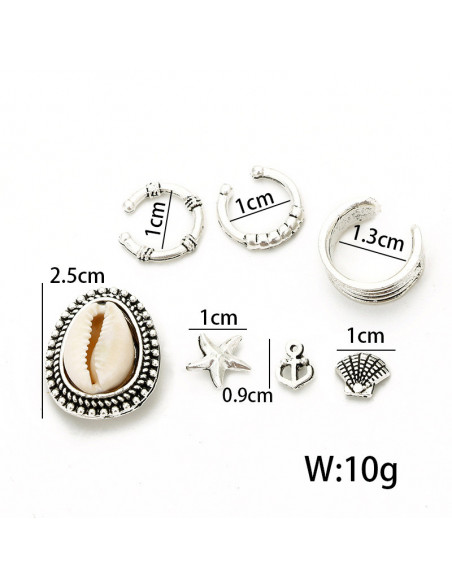 Set cercei ear cuff si inele, cu scoici, stea de mare, model nautic patinat