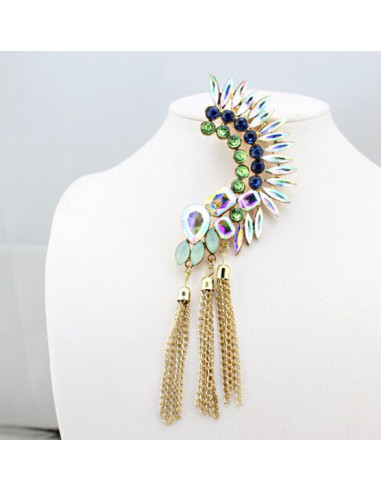 Cercel ear cuff statement, creasta cu cristale si canafi din lanturi