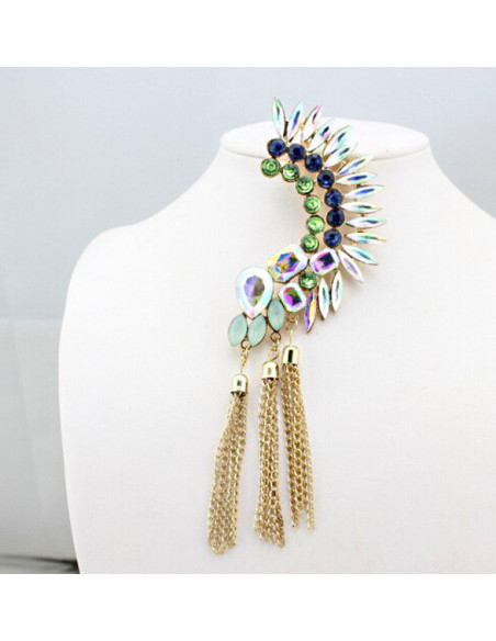 Cercel ear cuff statement, creasta cu cristale si canafi din lanturi