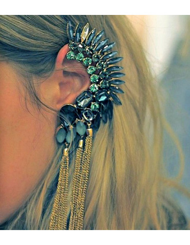 Cercel ear cuff statement, creasta cu cristale si canafi din lanturi