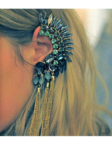 Cercel ear cuff statement, creasta cu cristale si canafi din lanturi