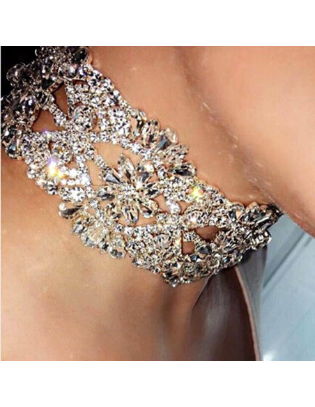 Choker lat luxury, flori din cristale rotunde, patrate si picaturi
