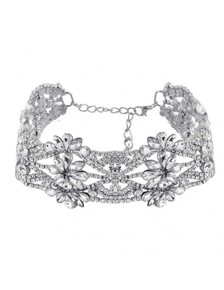 Choker lat luxury, flori din cristale rotunde, patrate si picaturi