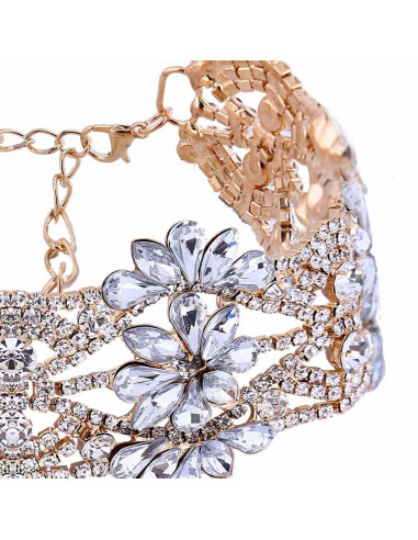 Choker lat luxury, flori din cristale rotunde, patrate si picaturi