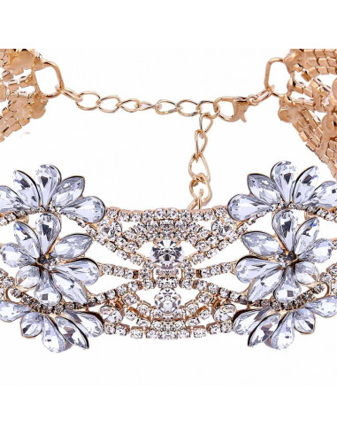 Choker lat luxury, flori din cristale rotunde, patrate si picaturi