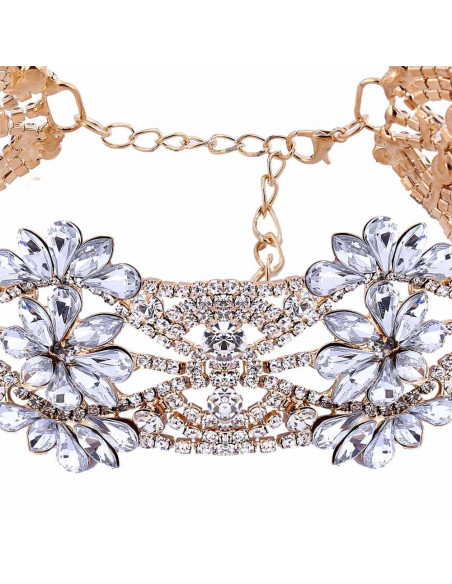 Choker lat luxury, flori din cristale rotunde, patrate si picaturi