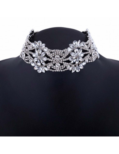Choker lat luxury, flori din cristale rotunde, patrate si picaturi