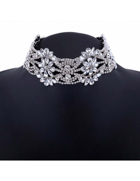 Choker lat luxury, flori din cristale rotunde, patrate si picaturi